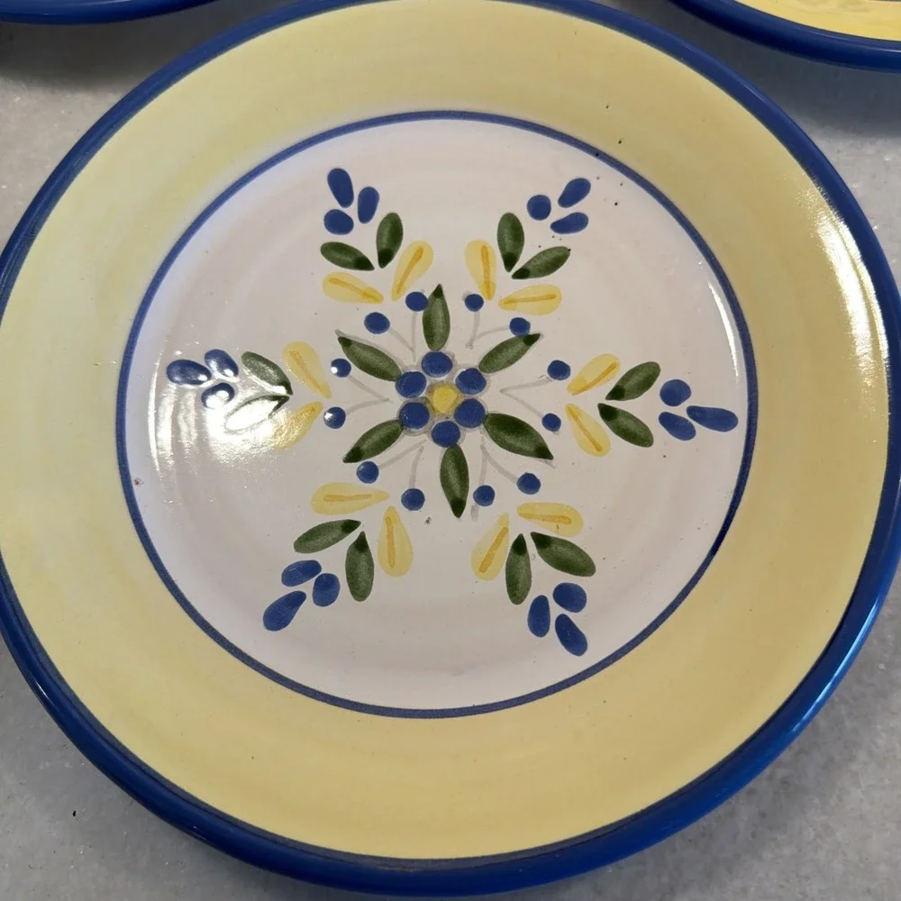 SET OF 3 SOLIMAR PIER 1 SALAD PLATES BLUE FLOWERS‎ AND YELLOW BAND GW994